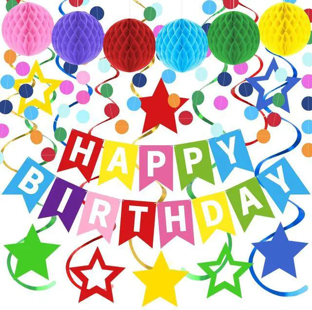 Main image of Rainbow Happy Birthday Banner, Party Decorations Kit | with 1 Colorful Birthday Sign, 6 Honeycomb Balls, 8 Star Swirl Streamers & Circle Dot for Girls, Boys, Women & Men