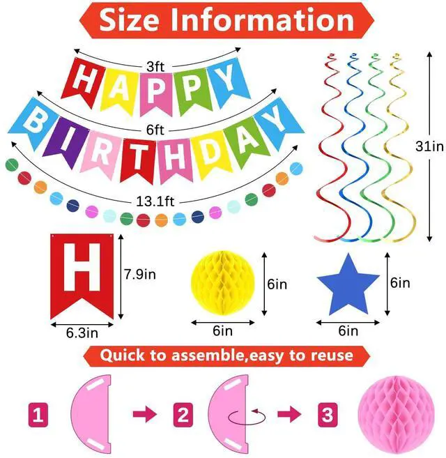 Alt view image 2 of 7 - Rainbow Happy Birthday Banner, Party Decorations Kit | with 1 Colorful Birthday Sign, 6 Honeycomb Balls, 8 Star Swirl Streamers & Circle Dot for Girls, Boys, Women & Men