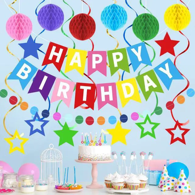 Alt view image 4 of 7 - Rainbow Happy Birthday Banner, Party Decorations Kit | with 1 Colorful Birthday Sign, 6 Honeycomb Balls, 8 Star Swirl Streamers & Circle Dot for Girls, Boys, Women & Men
