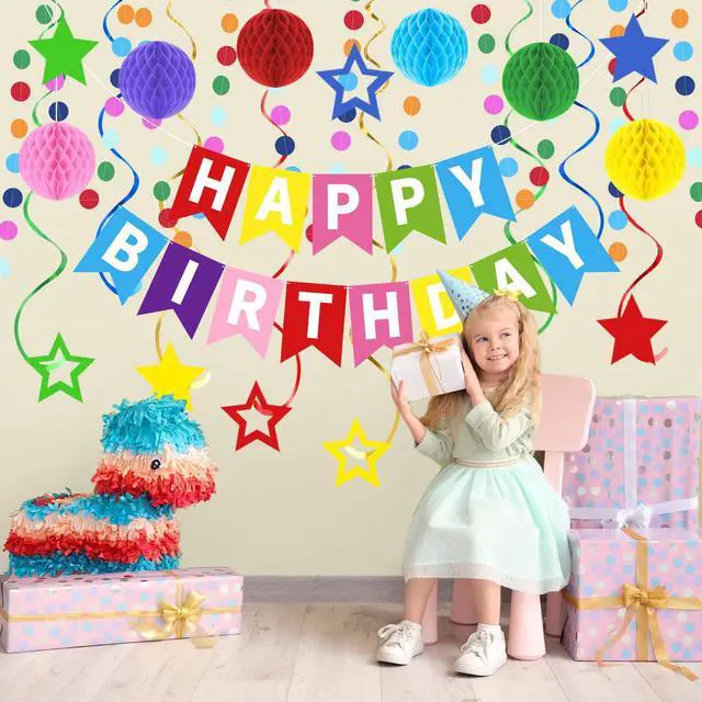 Alt view image 5 of 7 - Rainbow Happy Birthday Banner, Party Decorations Kit | with 1 Colorful Birthday Sign, 6 Honeycomb Balls, 8 Star Swirl Streamers & Circle Dot for Girls, Boys, Women & Men