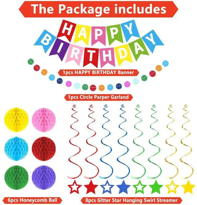 Alt view image 3 of 7 - Rainbow Happy Birthday Banner, Party Decorations Kit | with 1 Colorful Birthday Sign, 6 Honeycomb Balls, 8 Star Swirl Streamers & Circle Dot for Girls, Boys, Women & Men