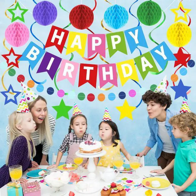 Alt view image 6 of 7 - Rainbow Happy Birthday Banner, Party Decorations Kit | with 1 Colorful Birthday Sign, 6 Honeycomb Balls, 8 Star Swirl Streamers & Circle Dot for Girls, Boys, Women & Men