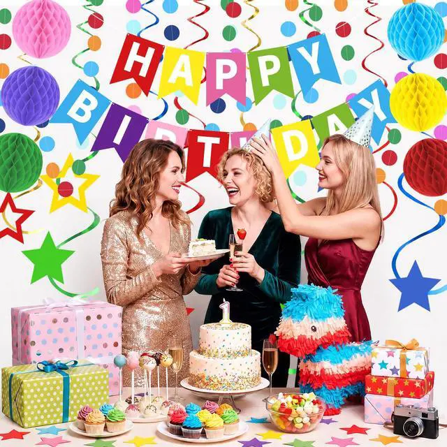 Alt view image 7 of 7 - Rainbow Happy Birthday Banner, Party Decorations Kit | with 1 Colorful Birthday Sign, 6 Honeycomb Balls, 8 Star Swirl Streamers & Circle Dot for Girls, Boys, Women & Men