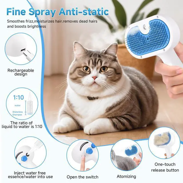 Alt view image 7 of 7 - Pet Steam Brush for Dogs & Cats, 3-in-1 Shedding Grooming Tool | Self Cleaning Spray Comb with Mist, Dog Brush for Shedding, Cat Brush for Hair Removal, Long Haired Pet, Waterless Shampoo