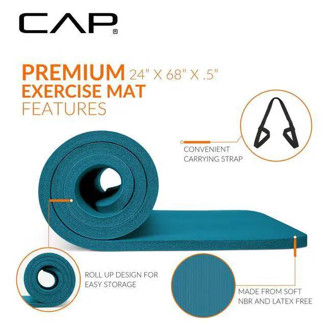 Alt view image 3 of 7 - 1/2" Thick Yoga Mat, Exercise & Workout Mat with Strap, Teal | Latex-free NBR foam cushions knees and joints for Pilates, stretching, core training, floor exercises and home fitness.