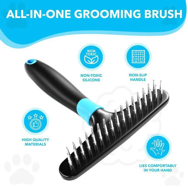 Alt view image 2 of 5 - Deshedding Brush - Undercoat Rake for Dogs, Cats, Matted, Short, Long Hair Coats - Double Row Stainless Steel Pins - Reduce Shedding by 90% (Blue)