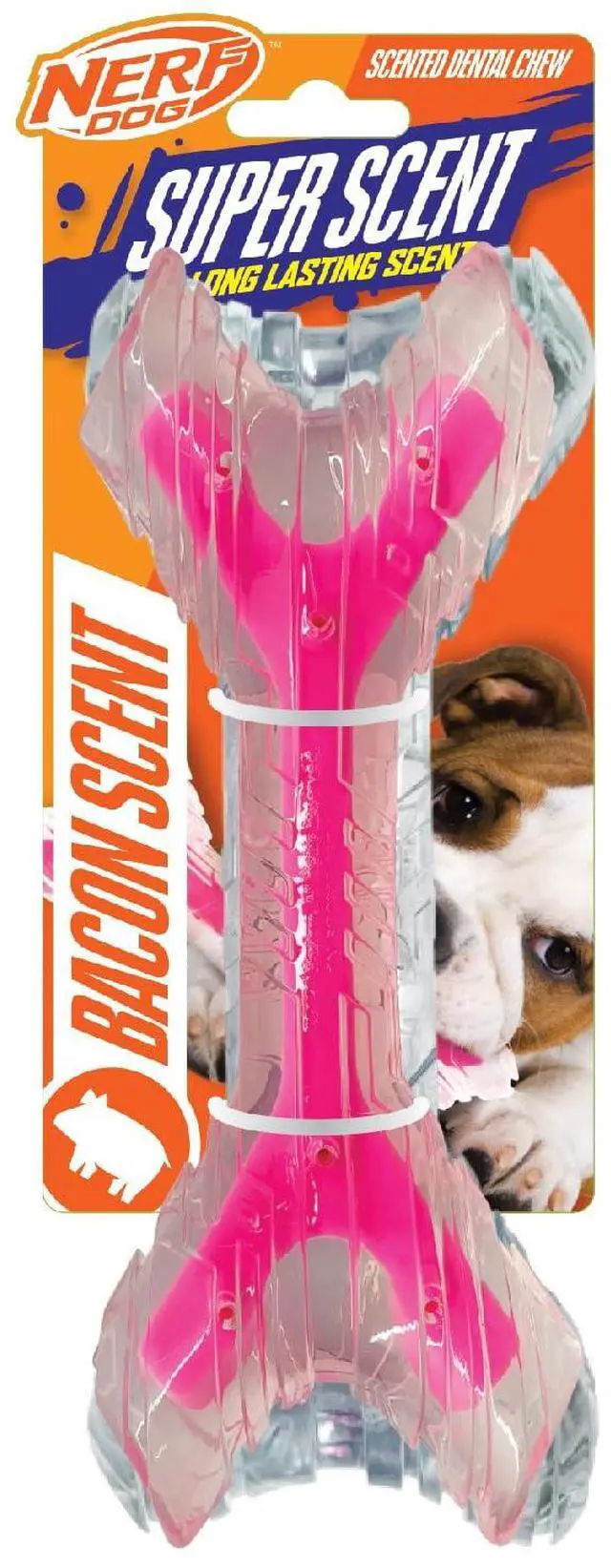 Main image of Dog 9in TPR/PP Scented Bacon SuperScent Bone Solid Core -Clear/Pink, (NF-7132)