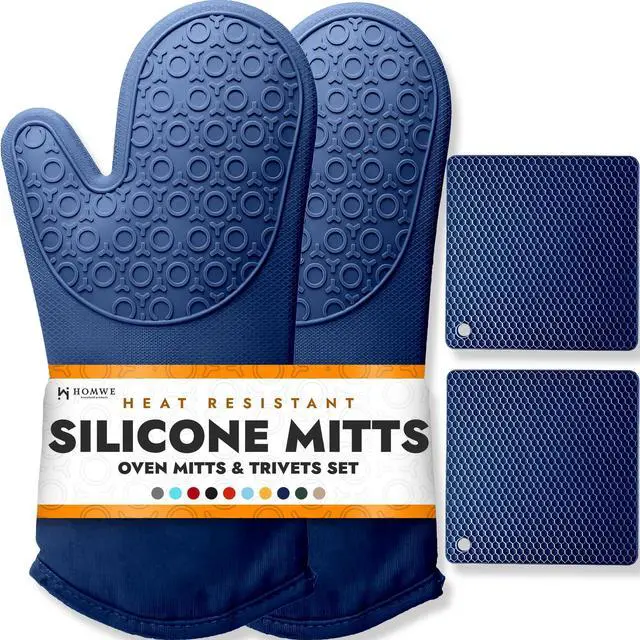 Main image of BPA-Free Soft Silicone 4 Piece Oven Mitts & Trivets Set - Ultra Heat Resistant Oven Mitts with Thick Cotton Liner - Long Slip Resistant Pot Holders, Flexible Oven Gloves - Royal Blue