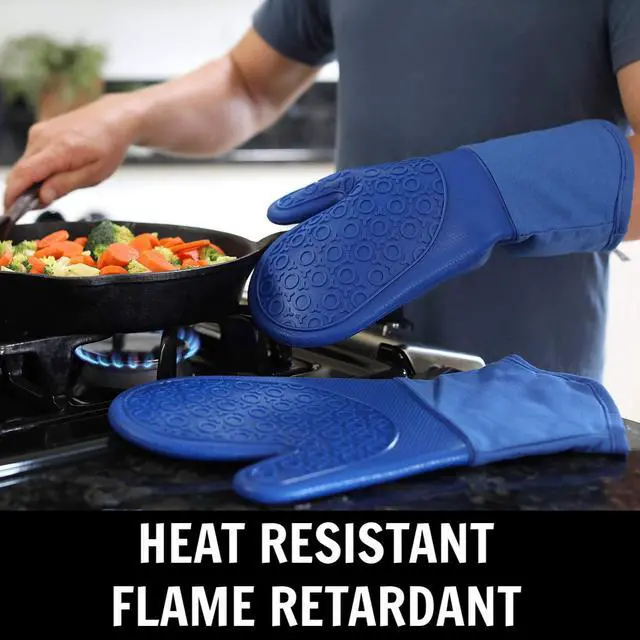 Alt view image 3 of 5 - BPA-Free Soft Silicone 4 Piece Oven Mitts & Trivets Set - Ultra Heat Resistant Oven Mitts with Thick Cotton Liner - Long Slip Resistant Pot Holders, Flexible Oven Gloves - Royal Blue