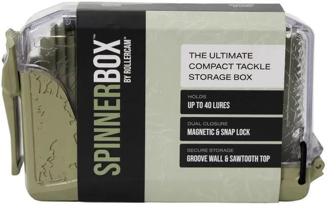 Main image of SpinnerBox Tackle Box, Holds 40 Lures, Tactical Green | Magnetic plus snap-lock closure with clear lid holds up to 40 spinners, spoons & small baits.