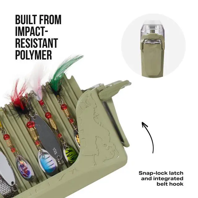 Alt view image 3 of 7 - SpinnerBox Tackle Box, Holds 40 Lures, Tactical Green | Magnetic plus snap-lock closure with clear lid holds up to 40 spinners, spoons & small baits.
