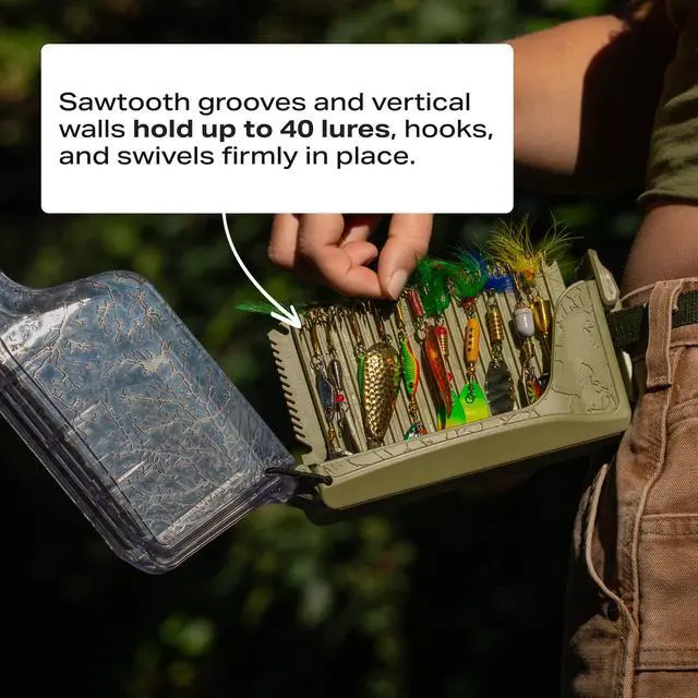 Alt view image 4 of 7 - SpinnerBox Tackle Box, Holds 40 Lures, Tactical Green | Magnetic plus snap-lock closure with clear lid holds up to 40 spinners, spoons & small baits.