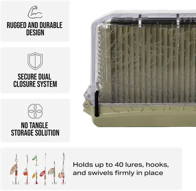 Alt view image 7 of 7 - SpinnerBox Tackle Box, Holds 40 Lures, Tactical Green | Magnetic plus snap-lock closure with clear lid holds up to 40 spinners, spoons & small baits.