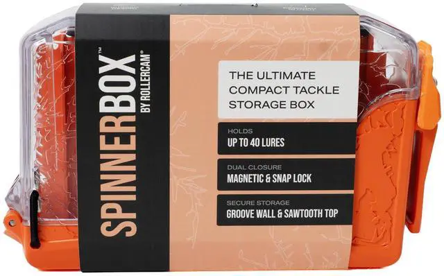 Main image of SpinnerBox Tackle Box, Holds 40 Lures, Hi-Vis Orange | Magnetic plus snap-lock closure with clear lid holds up to 40 spinners, spoons & small baits.