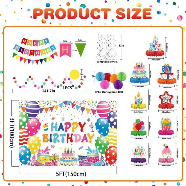 Alt view image 2 of 6 - Birthday Decorations Kit, Happy Birthday Party Banner, Honeycomb Balls, Metallic Hanging Swirls, Circle Garland, Colorful Party Decorations, Backdrop Cloth, Centerpieces for Tables