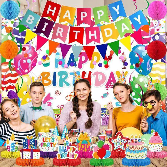 Alt view image 3 of 6 - Birthday Decorations Kit, Happy Birthday Party Banner, Honeycomb Balls, Metallic Hanging Swirls, Circle Garland, Colorful Party Decorations, Backdrop Cloth, Centerpieces for Tables