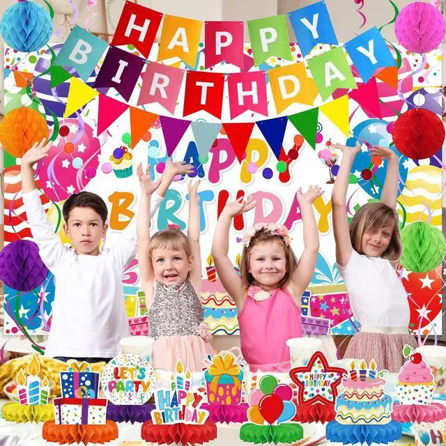 Alt view image 4 of 6 - Birthday Decorations Kit, Happy Birthday Party Banner, Honeycomb Balls, Metallic Hanging Swirls, Circle Garland, Colorful Party Decorations, Backdrop Cloth, Centerpieces for Tables