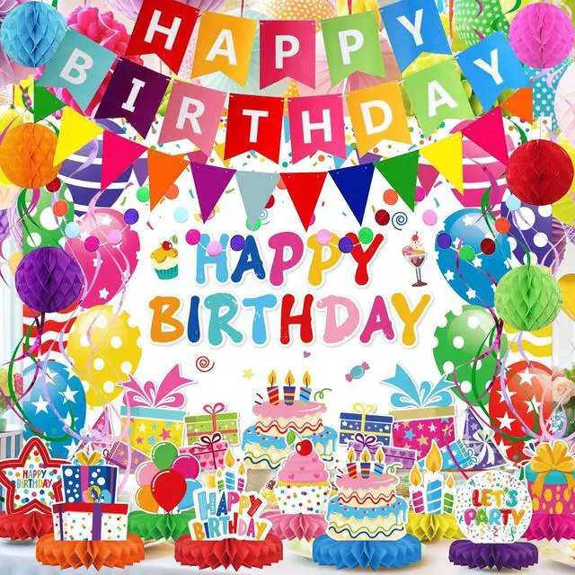 Alt view image 5 of 6 - Birthday Decorations Kit, Happy Birthday Party Banner, Honeycomb Balls, Metallic Hanging Swirls, Circle Garland, Colorful Party Decorations, Backdrop Cloth, Centerpieces for Tables