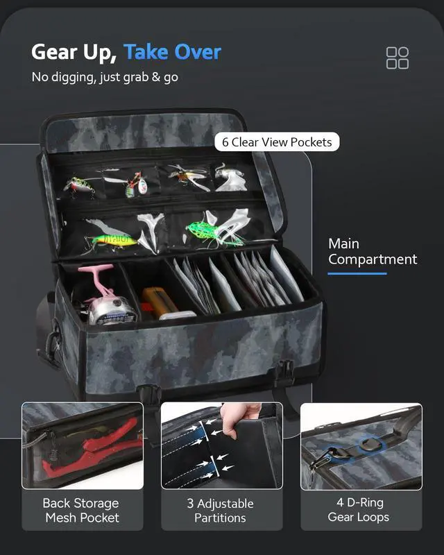 Alt view image 4 of 7 - Soft Plastic Bait Storage Tackle Bag with 20 Clear Bait Pouches | 20L Capacity, 900D Oxford Fabric, Water-Resistant, Fits 3 3600-Size Tackle Boxes or 60+ Bait Bags, with Adjustable Dividers