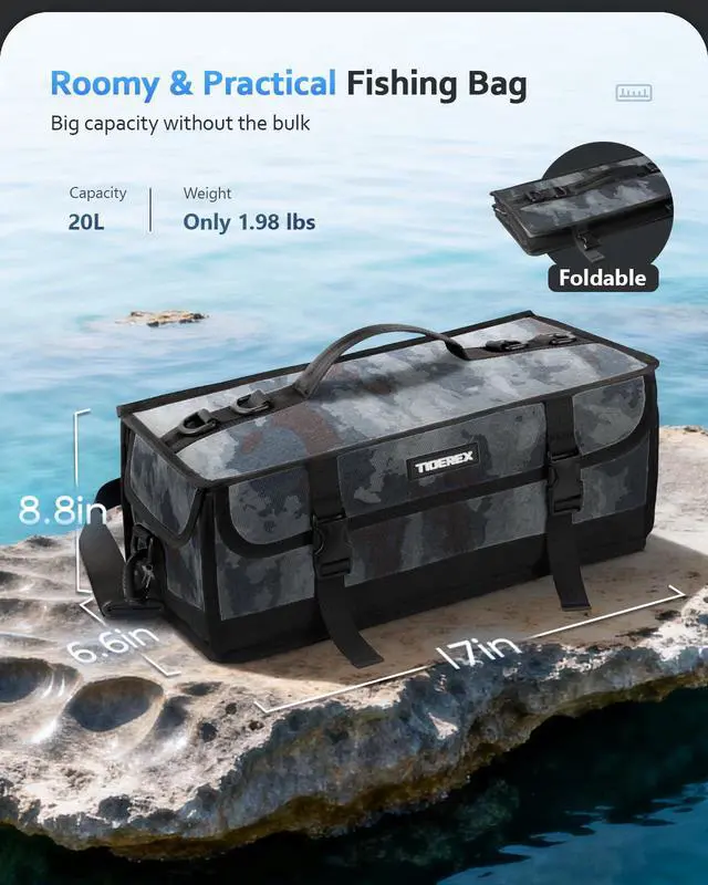 Alt view image 7 of 7 - Soft Plastic Bait Storage Tackle Bag with 20 Clear Bait Pouches | 20L Capacity, 900D Oxford Fabric, Water-Resistant, Fits 3 3600-Size Tackle Boxes or 60+ Bait Bags, with Adjustable Dividers