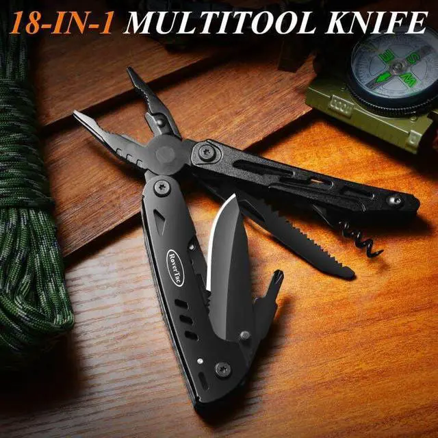 Alt view image 3 of 7 - 18-in-1 Multitool Pocket Knife with Pliers, Saw, Corkscrew & Detachable Scissors, Multi Tool with Safety Lock, 9 Screwdriver Bits, Camping Gear, Gifts for Men