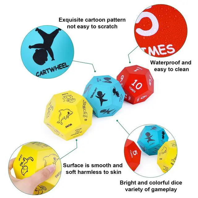 Alt view image 4 of 7 - Exercise Dice Set for Kids with 3 12-Sided Foam Dice for PE Games | Yoga dice games, kids exercise equipment for classroom, preschool, physical education learning, indoor & outdoor use