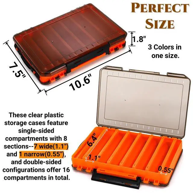 Alt view image 2 of 7 - 3 Pack Double Sided Fishing Lure Boxes, 14 Compartments Fishing Tackle Organizer with 2 Buckle, Plastic Clear Storage Case, Visible Hard Bait Container for Jewelry Beads Earring Hook(3 Color)