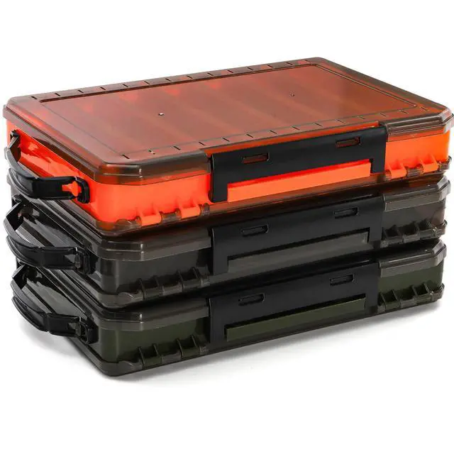 Alt view image 7 of 7 - 3 Pack Double Sided Fishing Lure Boxes, 14 Compartments Fishing Tackle Organizer with 2 Buckle, Plastic Clear Storage Case, Visible Hard Bait Container for Jewelry Beads Earring Hook(3 Color)