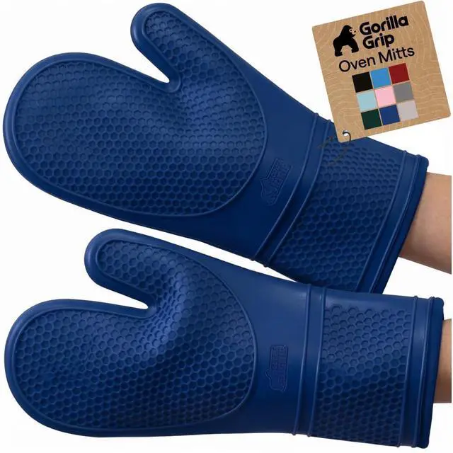Main image of Silicone Oven Mitts, 550F Heat Resistant, 12.5x8.3, Blue | BPA-Free Cooking Waterproof Safety Gloves, Thick Cotton Lining, Flexible Gripping for Baking, Grilling, Kitchen Potholder Set
