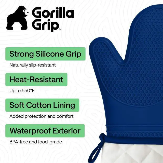 Alt view image 2 of 7 - Silicone Oven Mitts, 550F Heat Resistant, 12.5x8.3, Blue | BPA-Free Cooking Waterproof Safety Gloves, Thick Cotton Lining, Flexible Gripping for Baking, Grilling, Kitchen Potholder Set