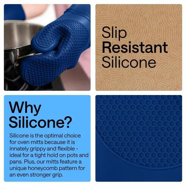Alt view image 3 of 7 - Silicone Oven Mitts, 550F Heat Resistant, 12.5x8.3, Blue | BPA-Free Cooking Waterproof Safety Gloves, Thick Cotton Lining, Flexible Gripping for Baking, Grilling, Kitchen Potholder Set