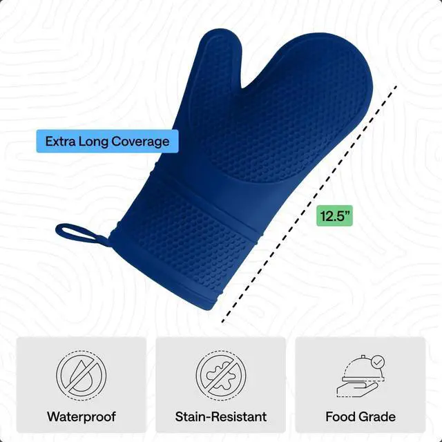 Alt view image 4 of 7 - Silicone Oven Mitts, 550F Heat Resistant, 12.5x8.3, Blue | BPA-Free Cooking Waterproof Safety Gloves, Thick Cotton Lining, Flexible Gripping for Baking, Grilling, Kitchen Potholder Set