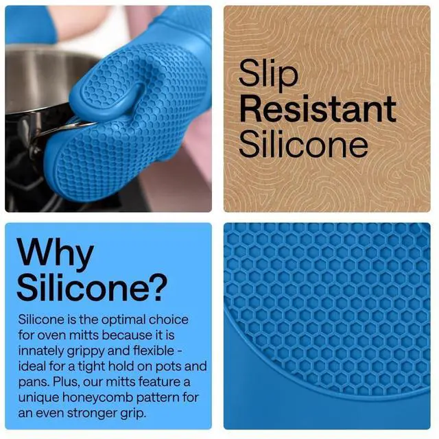 Alt view image 3 of 7 - Silicone Oven Mitts, 550F Heat Resistant, 12.5x8.3, True Aqua | BPA-Free Cooking Waterproof Safety Gloves, Thick Cotton Lining, Flexible Gripping for Baking, Grilling, Kitchen Potholder Set