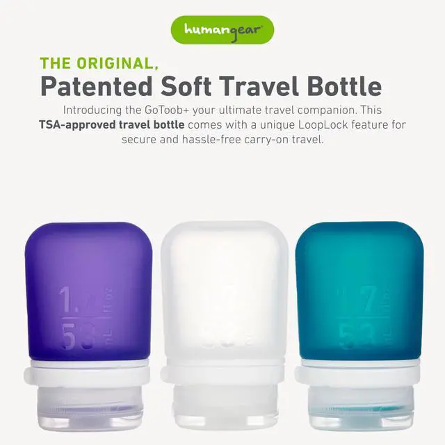 Alt view image 2 of 6 - GoToob+ 3-Pack, Small (1.7 fl oz), Clear/Purple/Teal | Refillable & Leak-Proof Silicone Travel Size Bottles with Locking Cap for Toiletries, Camping & TSA Carry-On