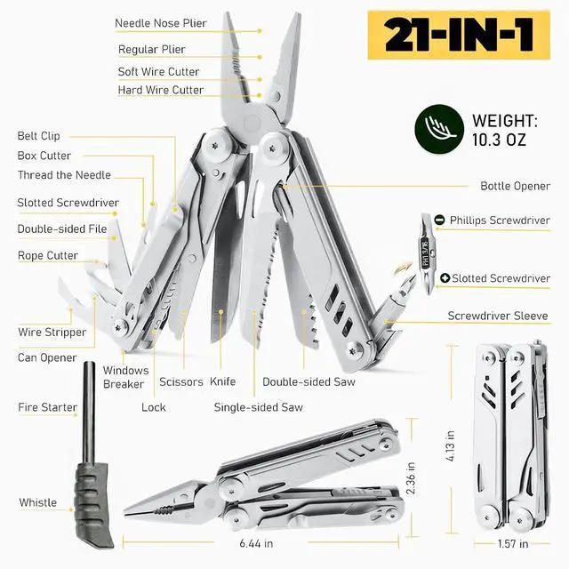 Alt view image 2 of 7 - 21-in-1 Multitool Pliers with Pocket Knife, Saws, Scissors & Clip | Stainless Steel, Self-Locking, Spring-Loaded, Wire Cutters, Screwdriver, Fire Starter, Sheath|Camping, Survival, Gift for Men