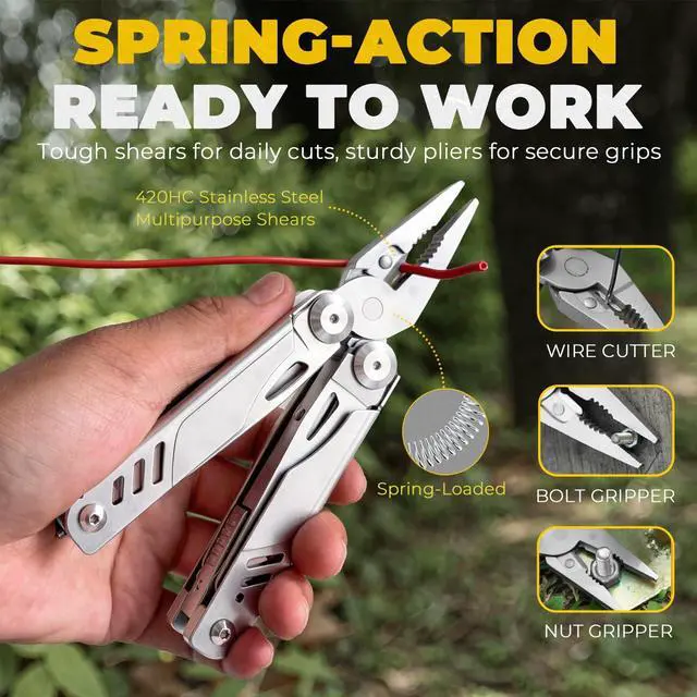 Alt view image 4 of 7 - 21-in-1 Multitool Pliers with Pocket Knife, Saws, Scissors & Clip | Stainless Steel, Self-Locking, Spring-Loaded, Wire Cutters, Screwdriver, Fire Starter, Sheath|Camping, Survival, Gift for Men