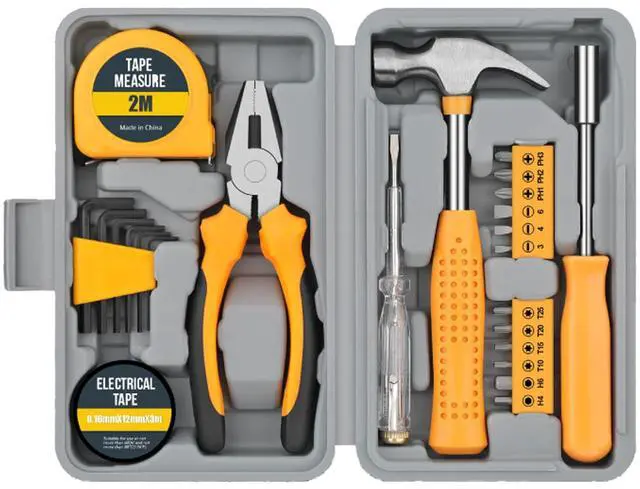 Main image of 24 Pcs Basic Home Tool Kit, Compact Hand Tools with Storage Case | Portable household repair set for dorms, offices and first homes with steel tools, non-slip grips and fitted case