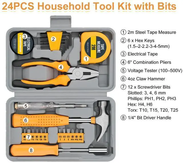 Alt view image 2 of 6 - 24 Pcs Basic Home Tool Kit, Compact Hand Tools with Storage Case | Portable household repair set for dorms, offices and first homes with steel tools, non-slip grips and fitted case