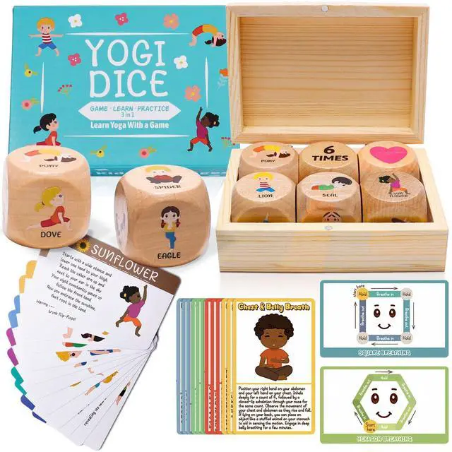 Main image of Kids Yoga Dice Set - Yoga Pose Practice Card Set for Kids | 6 Wooden Dice, Wooden Storage Box, 36 Yoga Poses, Cute Image, 20 Mindfulness Cards, Workout Dice for Kids, Yoga Gift for Kids