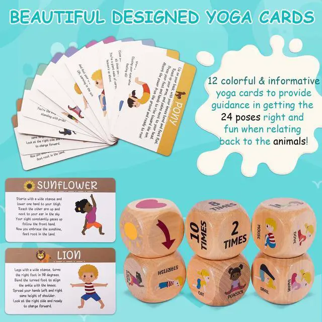Alt view image 4 of 7 - Kids Yoga Dice Set - Yoga Pose Practice Card Set for Kids | 6 Wooden Dice, Wooden Storage Box, 36 Yoga Poses, Cute Image, 20 Mindfulness Cards, Workout Dice for Kids, Yoga Gift for Kids