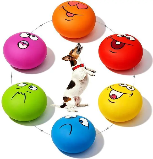 Main image of Latex Squeaky Dog Toys for Small Dogs, Mini Breed, 2.2" Flat Ball | 2.2"x2.2"x1.3" Flat Squeaky Balls 6pcs, Soft Small Dog Toys Chewing Squeak Toy, Smile Face Fetch Puppy Pet Toy with Squeaker
