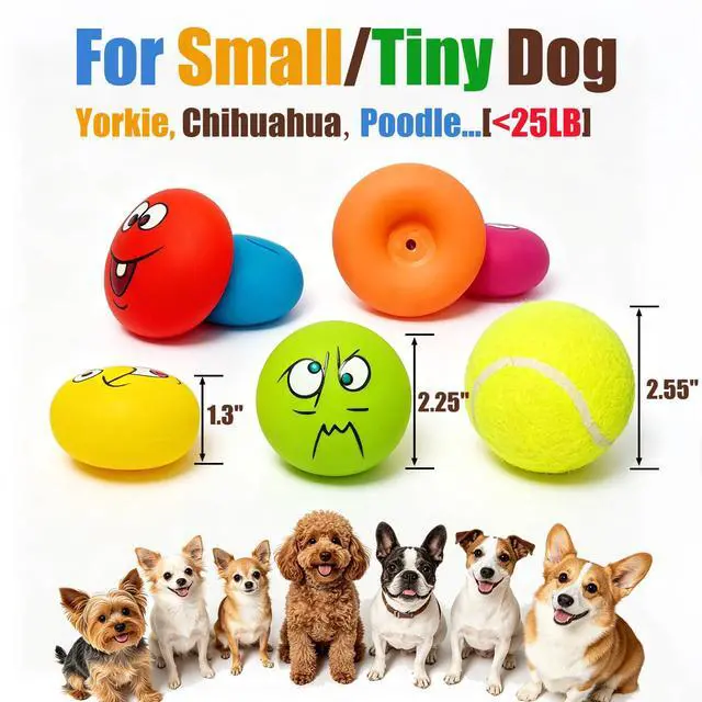 Alt view image 2 of 7 - Latex Squeaky Dog Toys for Small Dogs, Mini Breed, 2.2" Flat Ball | 2.2"x2.2"x1.3" Flat Squeaky Balls 6pcs, Soft Small Dog Toys Chewing Squeak Toy, Smile Face Fetch Puppy Pet Toy with Squeaker