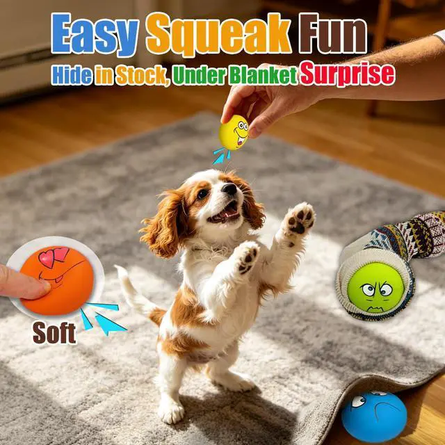 Alt view image 4 of 7 - Latex Squeaky Dog Toys for Small Dogs, Mini Breed, 2.2" Flat Ball | 2.2"x2.2"x1.3" Flat Squeaky Balls 6pcs, Soft Small Dog Toys Chewing Squeak Toy, Smile Face Fetch Puppy Pet Toy with Squeaker