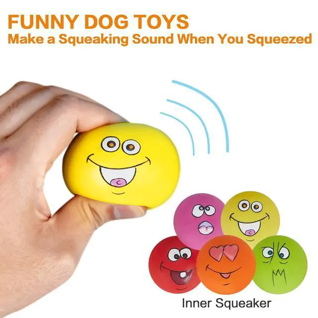 Alt view image 4 of 7 - Dog Toy,Squeaky Dog Toys Chewing Durable Teething Latex Rubber Soft Interactive Fetch Play Dog Balls with Funny Face for Puppy Small Medium Pet Dog (5PCS)