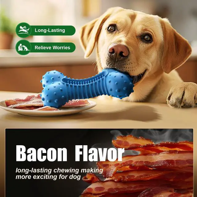 Alt view image 3 of 6 - Dog toys for Aggressive Chewers Rubber- This Large, Tough and Heavy Bone with Natural Bacon Flavor are Excellent Dog Chew Toys for Large Dogs to Care Their Teeth Dental, Relief Boredom, Blue