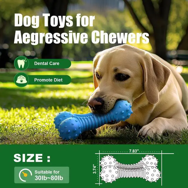 Alt view image 4 of 6 - Dog toys for Aggressive Chewers Rubber- This Large, Tough and Heavy Bone with Natural Bacon Flavor are Excellent Dog Chew Toys for Large Dogs to Care Their Teeth Dental, Relief Boredom, Blue