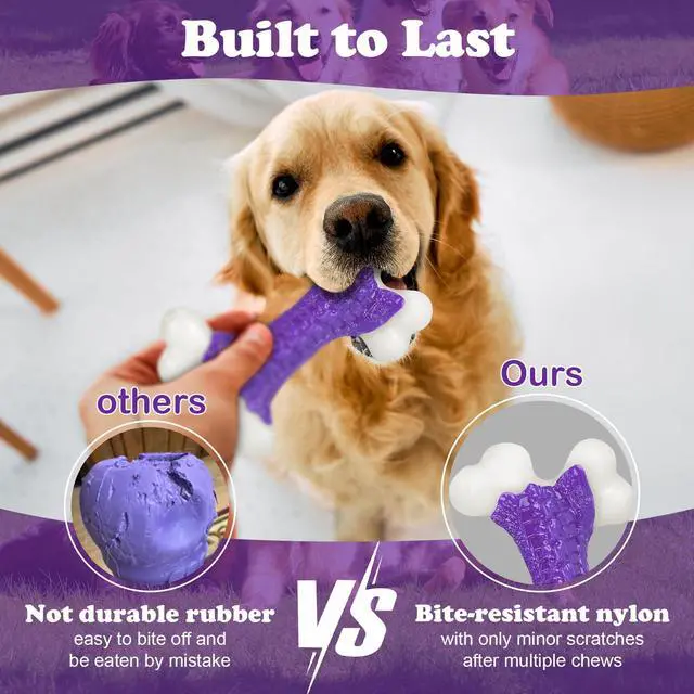 Alt view image 2 of 7 - Indestructible Dog Toys for Aggressive Chewers: Bacon Flavored Hard Nylon Bone Chew Toys, Tough Dog Chew Toys for Large Dogs, Dog Toys to Keep Them Busy for Medium Large Breed, Purple
