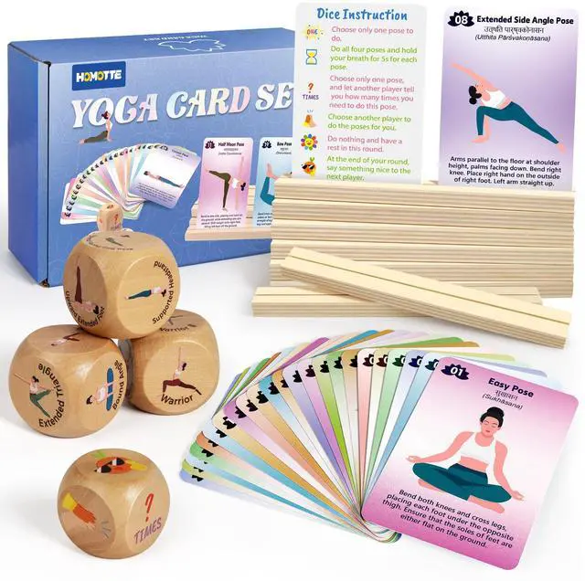 Main image of Wooden Yoga Dice and Yoga Cards Set for Kids 3+ | Yoga Accessories Pose Kit w/4 Dice, 8 Card Holder, Gift for Women, Home Indoor Use, Thousands of Possible Combinations