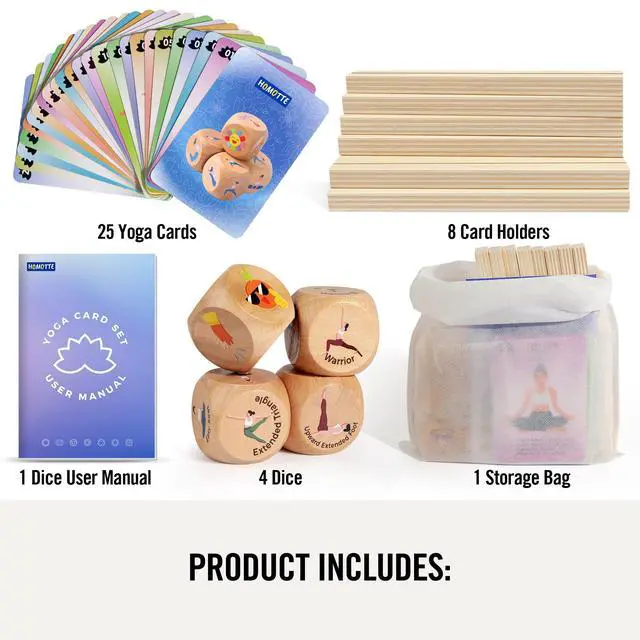 Alt view image 4 of 7 - Wooden Yoga Dice and Yoga Cards Set for Kids 3+ | Yoga Accessories Pose Kit w/4 Dice, 8 Card Holder, Gift for Women, Home Indoor Use, Thousands of Possible Combinations