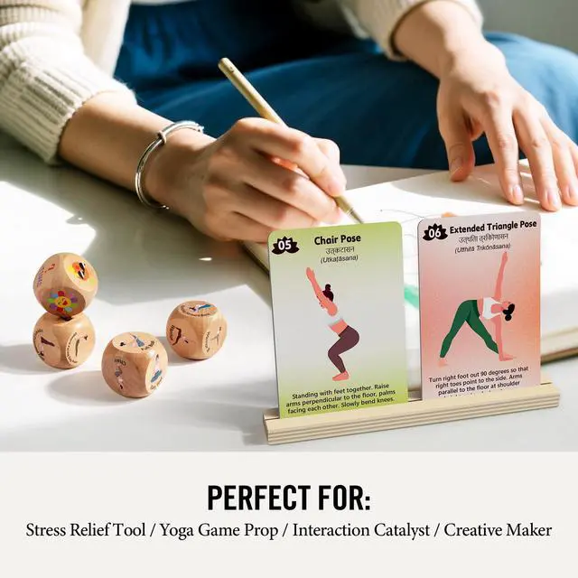 Alt view image 5 of 7 - Wooden Yoga Dice and Yoga Cards Set for Kids 3+ | Yoga Accessories Pose Kit w/4 Dice, 8 Card Holder, Gift for Women, Home Indoor Use, Thousands of Possible Combinations